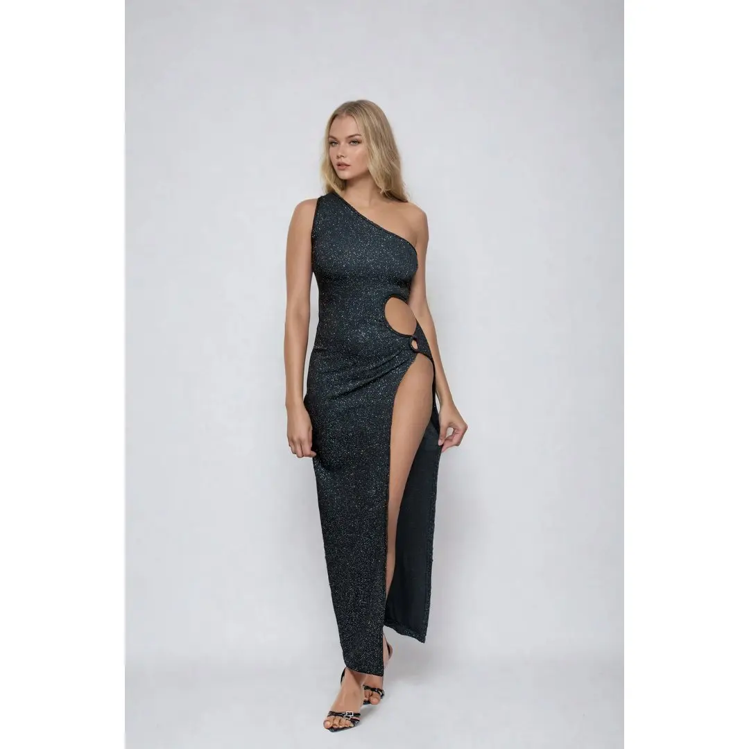 Elegant One Shoulder Glitter Evening Dress High Slit Cutout Design Floor Length Maxi Gown Charcoal Gray Sparkling Fabric Figure Hugging Fit Perfect for Formal Events Galas Womenswear Asymmetrical Light Statement Elegance Piece Sleeveless Strappy Workwear