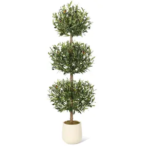 【Christmas Gift】1PCS 59 Inch Artificial Ball Topiary Olive Tree, Fake Green Realistic Potted Olive Plant with Olives, Moss Decor Bag, White Pot, Indoor Outdoor Artificial Plants for Porch Living Room Decorative Faux Fruit Plastic Nature Ornaments
