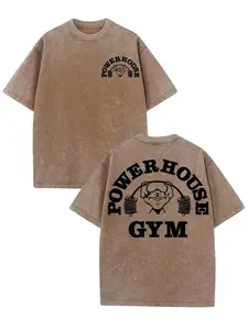 Powerhouse Gym Men's Heavyweight 230gsm WashedTee/ Gildan T-Shirt, Vintage Gym Graphic Print with Logo & Weightlifting Design, Casual Round Neck Short Sleeve Tee for Workout & Casual Attire