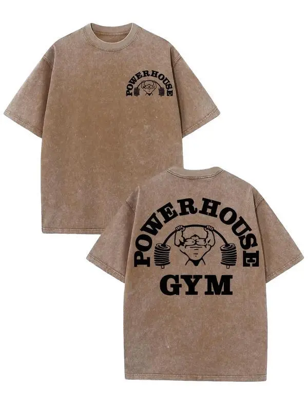 Powerhouse Gym Men's Heavyweight 230gsm WashedTee/ Gildan T-Shirt, Vintage Gym Graphic Print with Logo & Weightlifting Design, Casual Round Neck Short Sleeve Tee for Workout & Casual Attire
