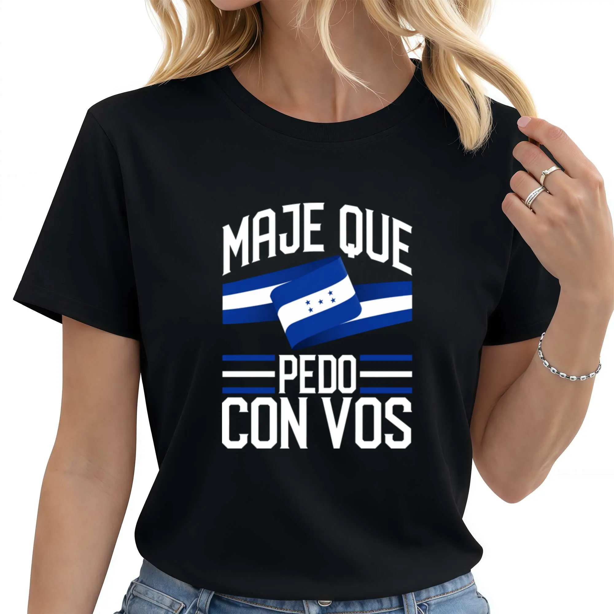 Lady's Honduras Flag Casual Fit T-Shirt - 100% Cotton, Round Neck, Shortsleeve, Catracho Pride, Streetwear, Maje Que Pedo Con Vos
