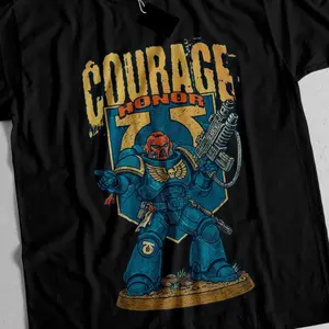 Ultramarines Warhammer 40K T-Shirt, Courage & Honor Vintage Graphic Tee, Retro Gamer Gift for Sci-Fi Fans and Miniature