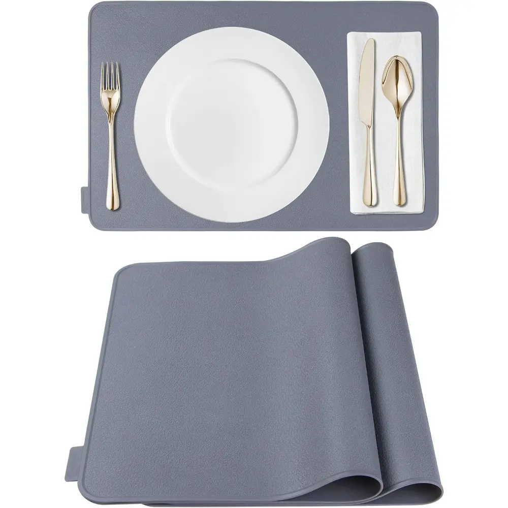 Silicone Dining Table Placemats - 2-Piece Set (17.5x11.4in), BPA-Free, Waterproof, Non-Slip, Heat-Resistant, Oven-Safe, Cutable, Dishwasher-Safe, Raised Edges, Gray, Kid-Friendly, Coaster-Compatible Kitchen Tableware Mats