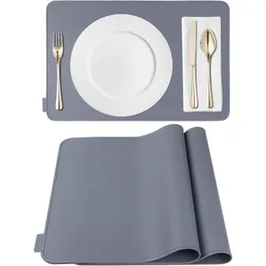 Silicone Placemats, Placemats for Dining Table Set of 2 Non Slip Heat Resistant Table Mats 17.5 x 11.4 inch with Raised Edges Gray
