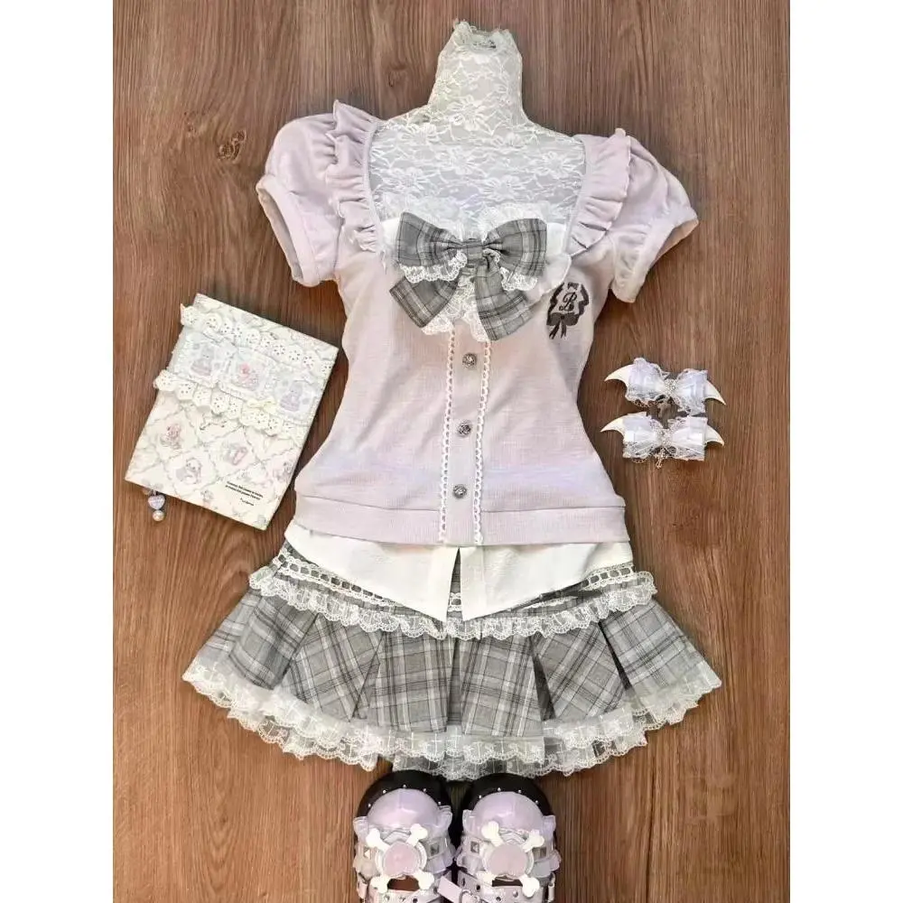 Japanese Sweet Preppy Style Skirt Set Women Kawaii Lace Patchwork Bow Tops & Y2k Plaid Mini Skirt Elegant Outfit 2 Piece Set Clothes Sleeve Womenswear Suits Cute Fitted Gamis