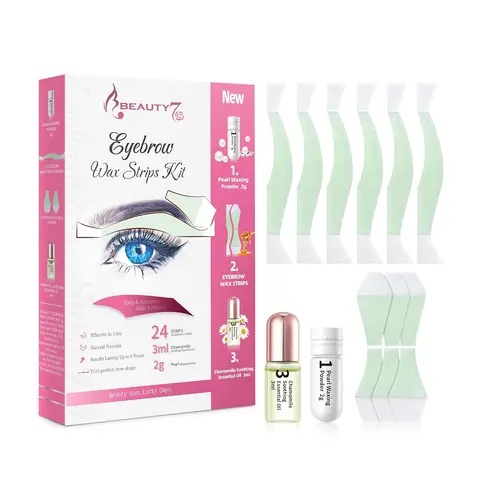 Beauty7 Eyebrow Wax Strips Kit - 24 Hypoallergenic Double-Sided Cold Wax Strips with Beeswax Blend, Painless Hair Removal for Sensitive Skin, Fragrance-Free Home Kit with Chamomile Essential Oil