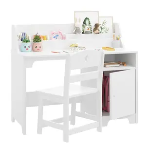 【GARVEE】Study Desk and Chair Set with Hutch and Storage Cabinet, Wooden Table for Students Aged 3-12, Ideal for Bedroom and Study Room, Functional Writing Desk and Computer Workstation