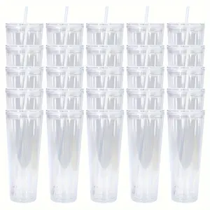 25Pcs 24oz Acrylic Double Wall Plastic Tumbler With Plastic Lids And Plastic Straws, Blanks Water Bottle For Ice Coffee Juice Whisky Soda Drinks Snow Globe Tumblers With Predrilled Hole For DIY