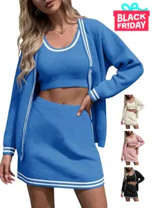 Fisoew Womens Sweater Sets Knit 3 Piece Casual Long Sleeve Button Cardigan High Waisted A Line Skirts Workout Lounge Set Cropped Matching two piece set 2 piece sets 2 piece sets women matching sets for women comfort sweat set matching sets