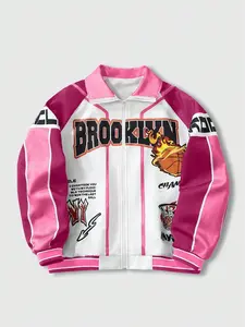 Women's Casual Fit Jacket Coat, Colorblock, Brooklyn Letter Flame Basketball Print, Vintage Sporty Style, Comfortable Fabric, Womenswear