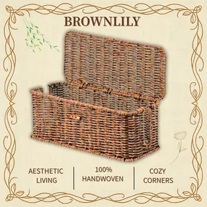BROWNLILY Rattan Cable Management Box and Wicker Cord Organizer, Toilet Tank Top Shelf Rattan Decor Cable Hider for Under Desk, TV & Home Office Storage, with Lockable Lid, Baby Proof, Pet Proof, Power Strip & Outlet Cover