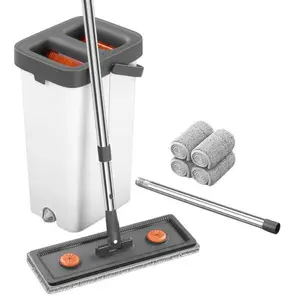 Flat Mop and Bucket Set with Wringer 360° Rotating Floor Cleaner Extendable Handle Washable Microfiber Pads for Home Office Cleaning - Stainless Steel Handle & Plastic Bucket Adjustable Household Lightweight Smooth Traditional Window
