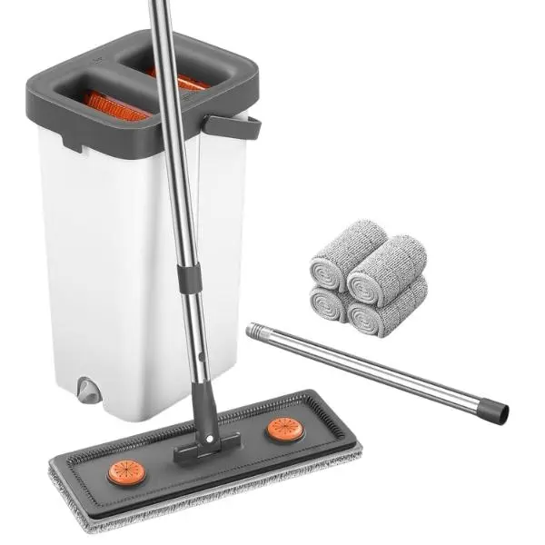 Flat Mop and Bucket Set with Wringer 360° Rotating Floor Cleaner Extendable Handle Washable Microfiber Pads for Home Office Cleaning - Stainless Steel Handle & Plastic Bucket Adjustable Household Lightweight Smooth Traditional Window