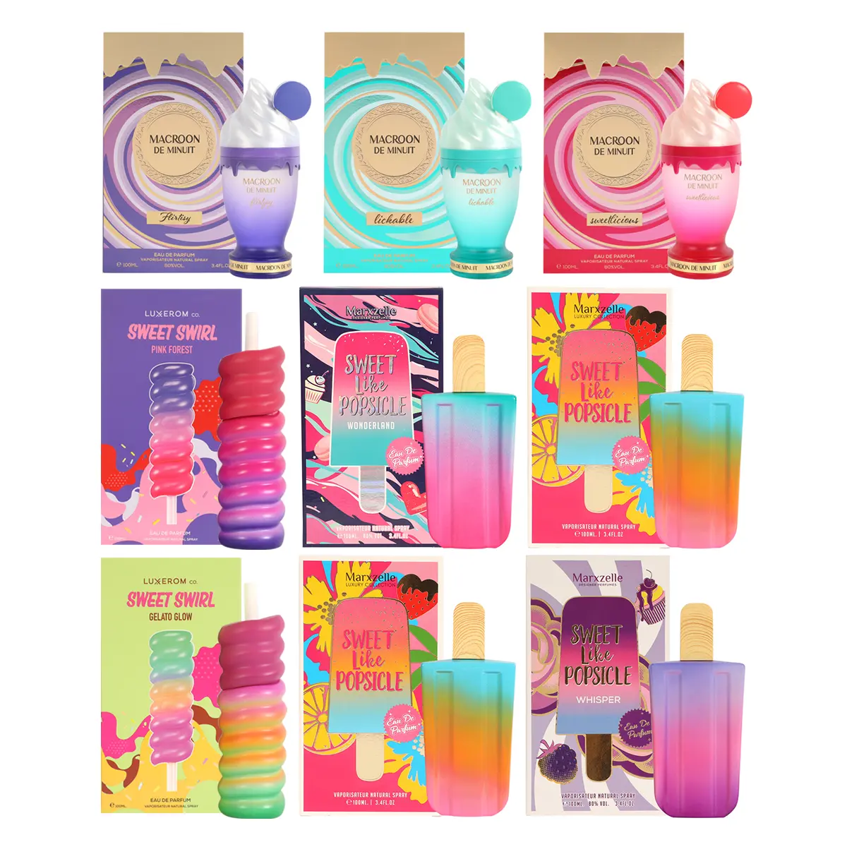 Trio Bundle of Afaq, Luxerom & Marxzelle Creator Pack 1 - Flirtisy(AR094), Likable(AR093), Sweetlicious(AR092), Pink Forest(LUX063), Gelato Glow(LUX064), Wonderland(MZ3355), Sweet Like Popsicle(MZ3362), Whisper(MZ1138),  Zephyr( MZ1145) Natural Spray