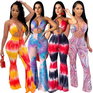 Womens Spaghetti Strap Halter Tie Dye Print Cut Out Bodycon Bell Flare Pants Club Party One Piece Jumpsuits Rompers