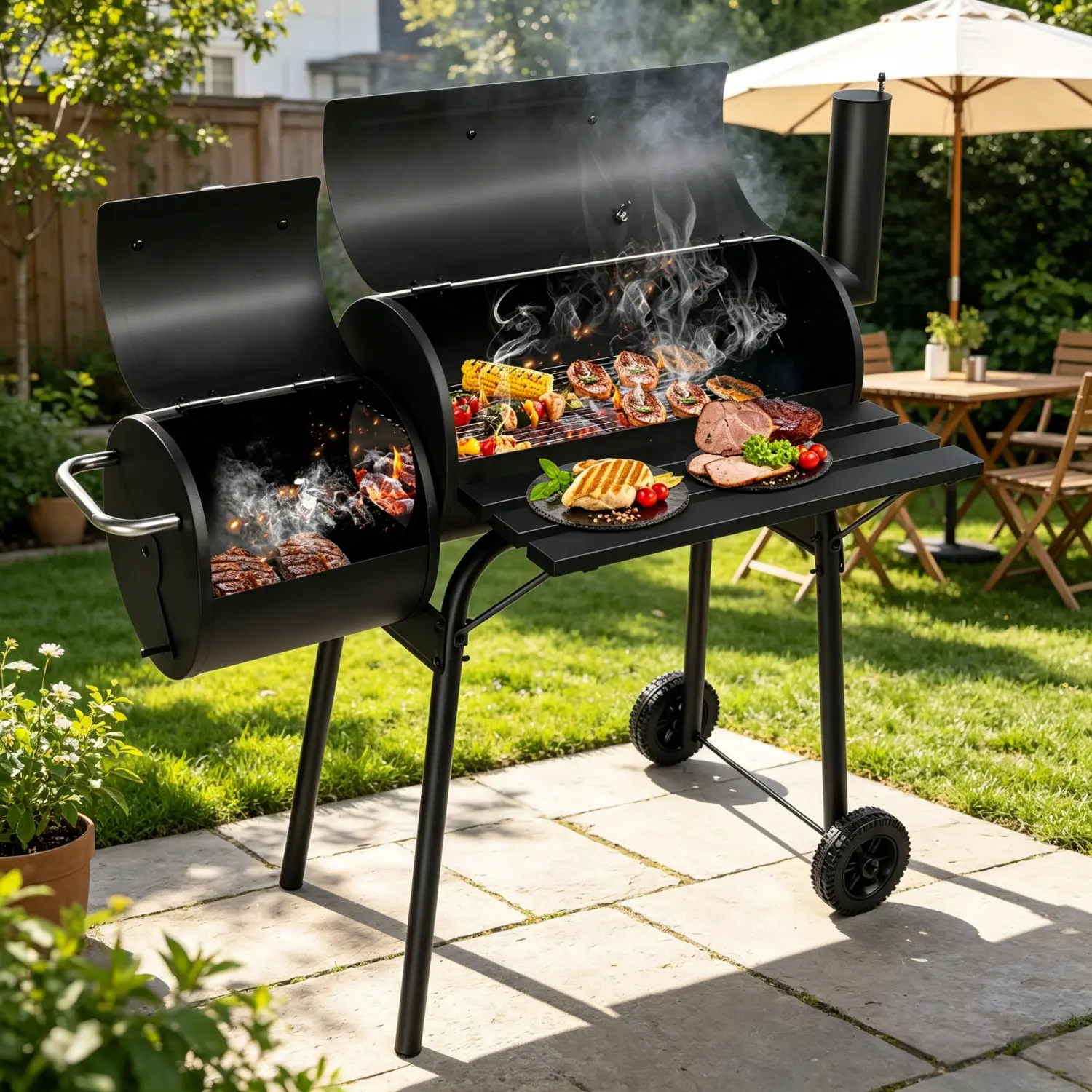 Barrel Charcoal Grill With Offset Smoker, All Metal Outdoor Smoker With Side Table And Wheels For Backyard BBQ, Dealsforyoudays