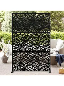 Black/Leaves- Metal Privacy Screen 72" H X 47" W, Outdoor Privacy Screens And Panels, Freestanding Decorative Fence For Patio Lawn Garden Deck Balcony, 3-Panel Outdoor Divider With Stand