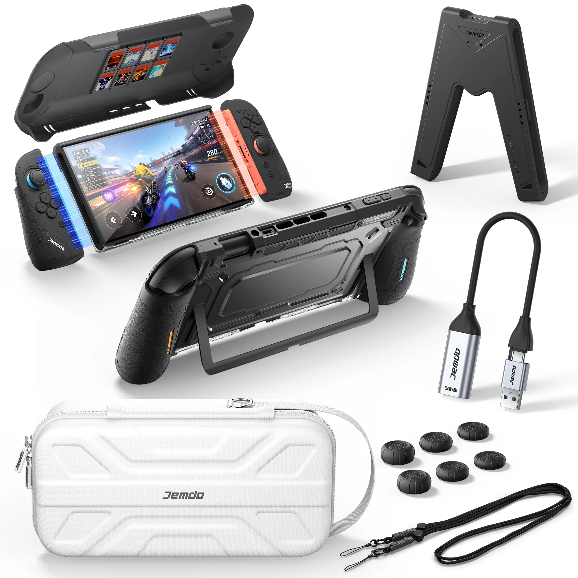 Jemdo Switch 2 Gaming Accessories Kit with Custom Bundle Options - PC+TPU Shockproof Case, Native Kickstand Cutout, Dock-Compatible Design, Ergonomic V-Grip, Low-Latency USB Capture Card, Silicone Thumb Grips, EVA Carry Case for Console & Smartphone
