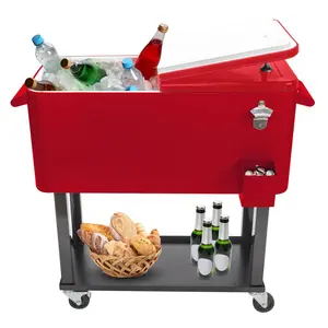 【Summervibes】Ubesgoo 80 Quart Rolling Ice Chest, Portable Bar Drink Cooler with Catch Basin, Bottom Storage Tray and Bottle Opener for Patio Party BBQ Beach Activities
