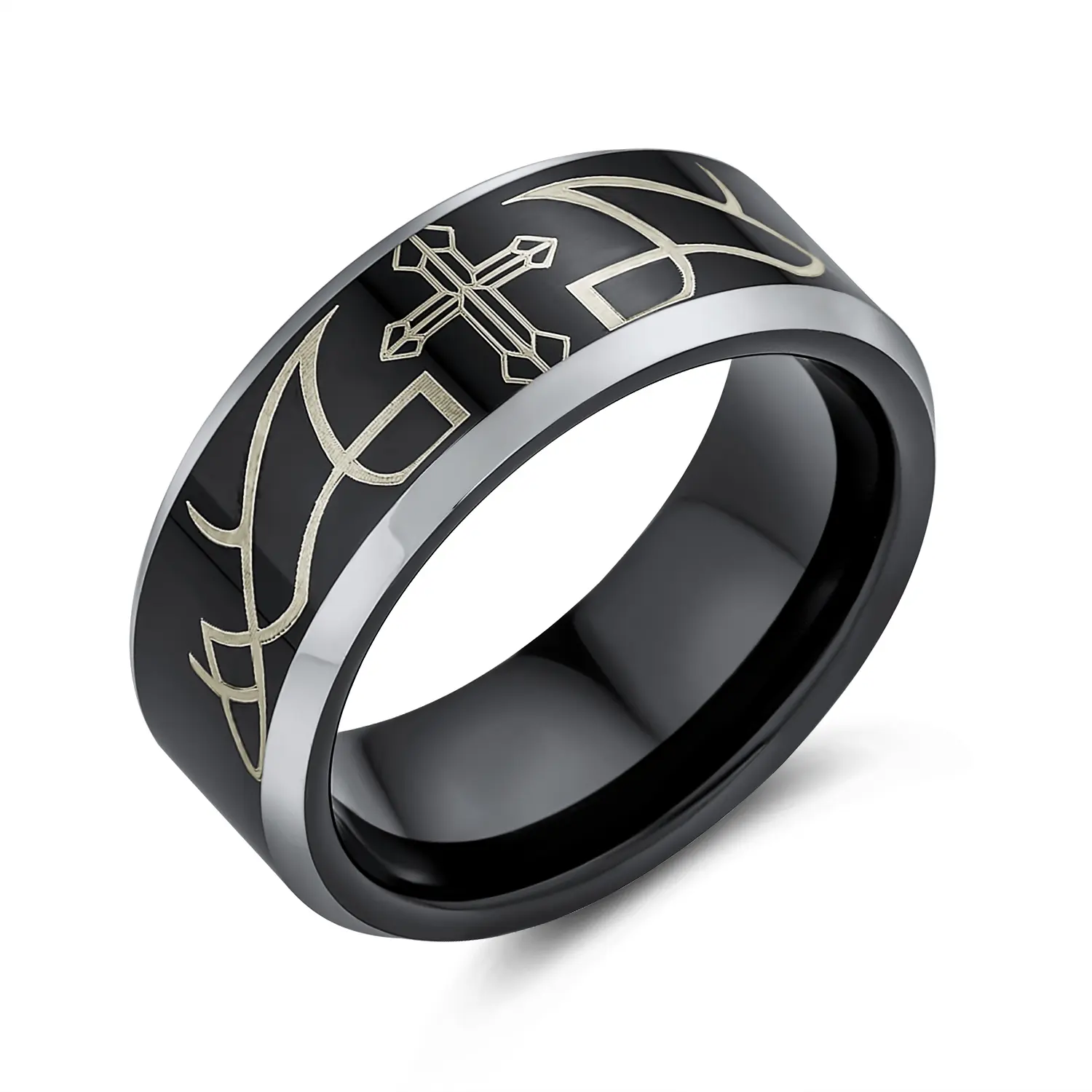 Religious Laser Etched Black Cross Wedding Band Ring Titanium Comfort Fit