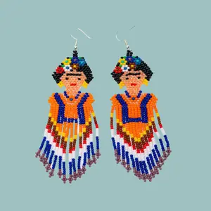 Frida Kahlo Seed Bead Dangly Earrings - Guatemala