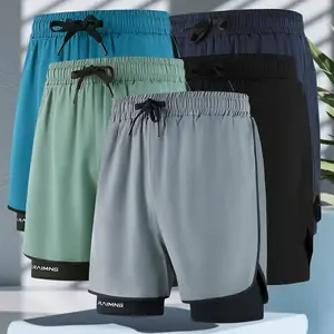 Men’s summer stretch ice silk quick-dry athletic shorts, faux two-piece design, zippered pockets, loose straight cut, elastic waistband with drawstring; versatile for casual wear, fitness, cycling, training—basic men’s shorts.