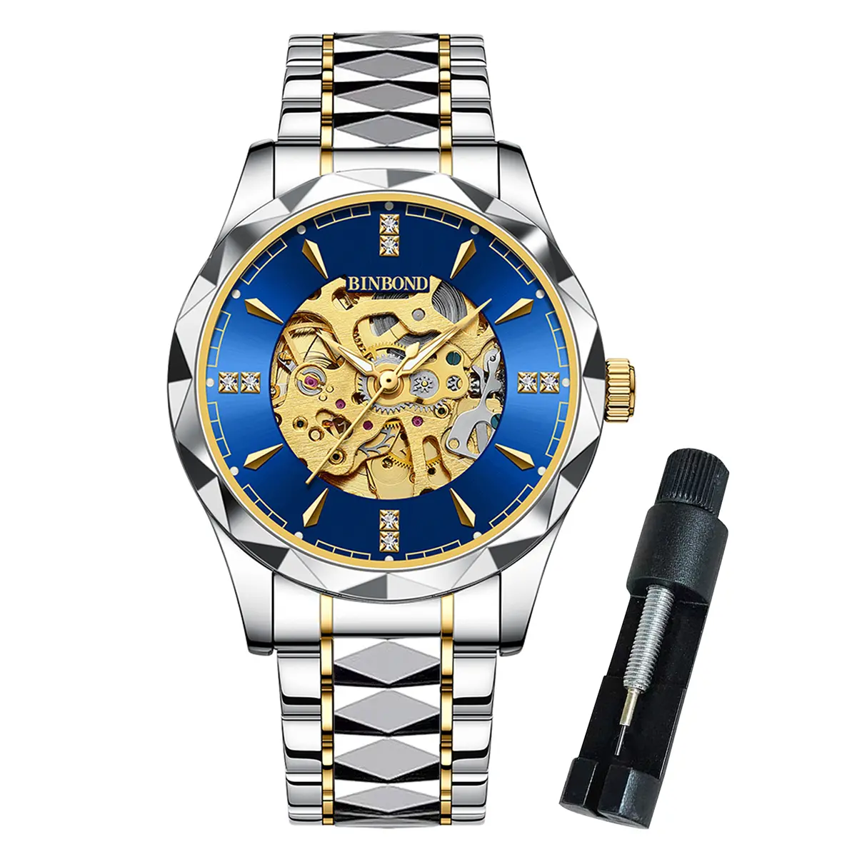 BINBOND Mens Gold Skeleton Watches Automatic Mechanical Self Winding Stainless Steel Luxury Business Dress Diamond Wrist WaDtches Waterproof Luminous 5059