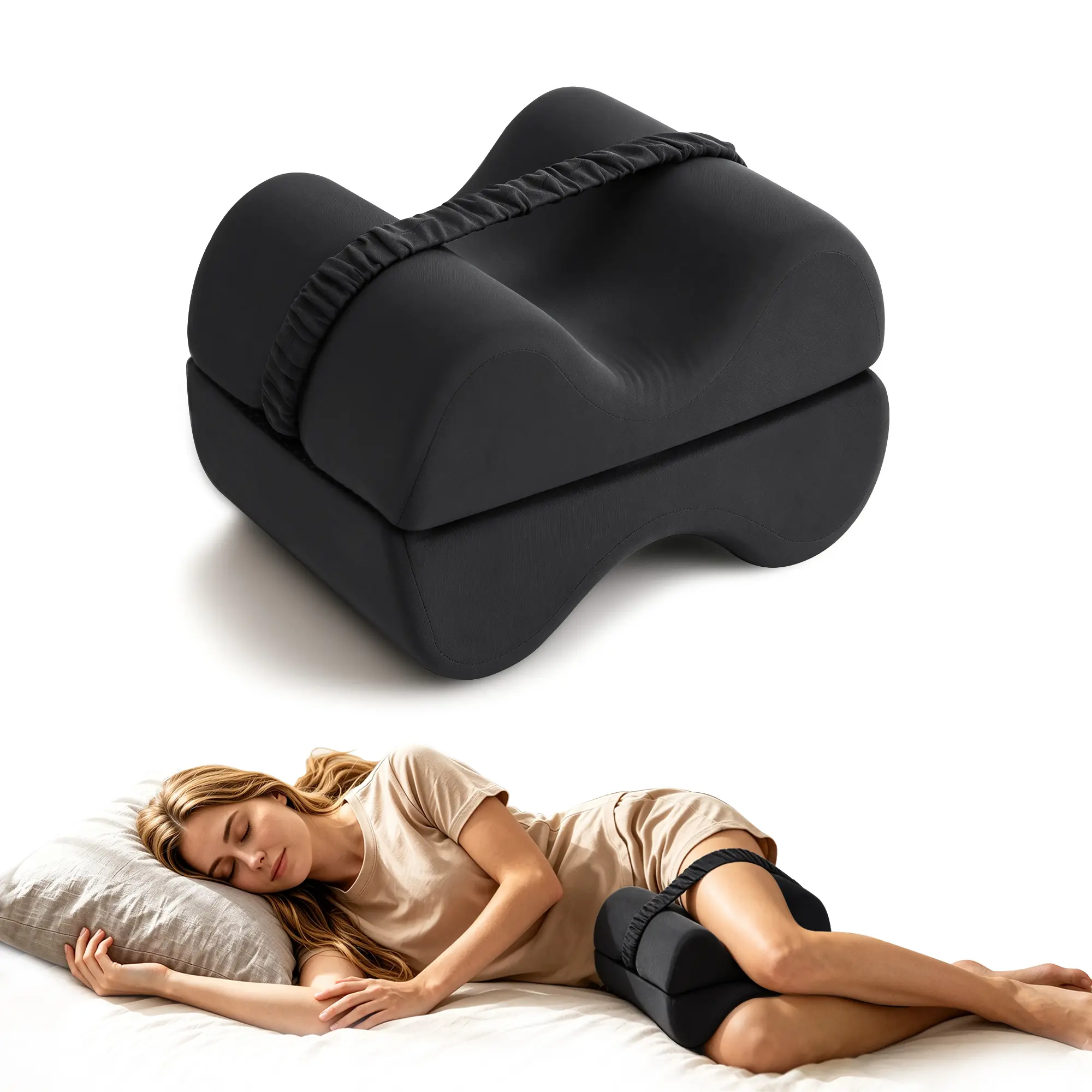 Knee Pillow for Side Sleepers, Split Foldable Memory Foam Leg Pillow with Strap & Non-Slip Base, Ergonomic Hip, Back & Pregnancy Pain Relief, Black