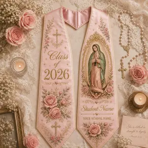 Custom Pink Graduation Stole Class of 2026 Personalized Virgin Mary Sash Floral Our Lady of Guadalupe Graduation Gift Catholic School Sash