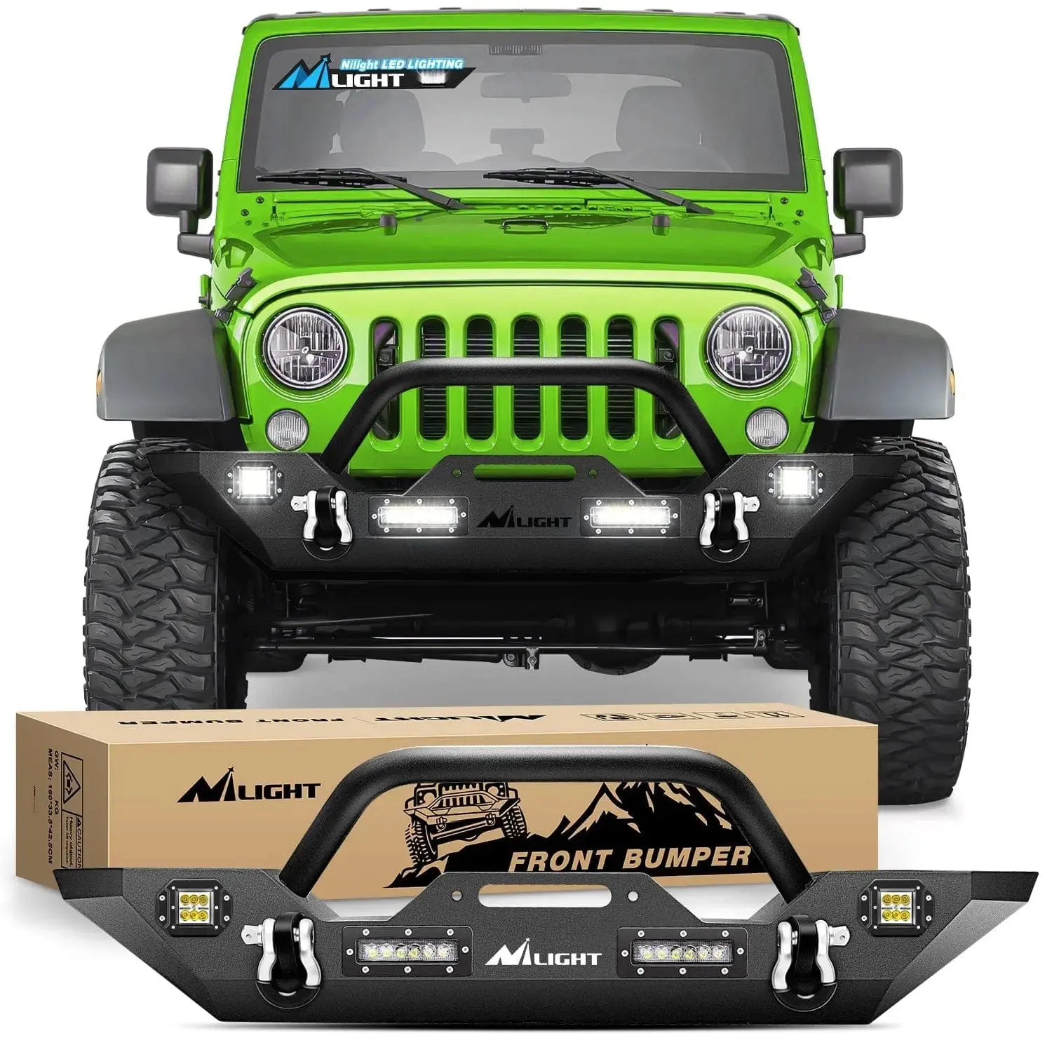 Nilight Heavy Duty Steel Front Bumper Rock Crawler Winch Plate for 2007-2018 Jeep Wrangler JK/JKU - 360° Protection, 4x18W LED Lighting & LED Accent Lighting, 2pcs 4.75ton D-Rings & Isolators, 1xDIY Manual, 1xScrew Set, Father's Day Gift
