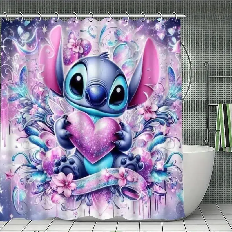 DISNEY CLASSIC Stitch Shower Curtain - Waterproof Polyester, 12 Hooks Included, Heart & Floral Design, Bathroom Home Decor Ideas