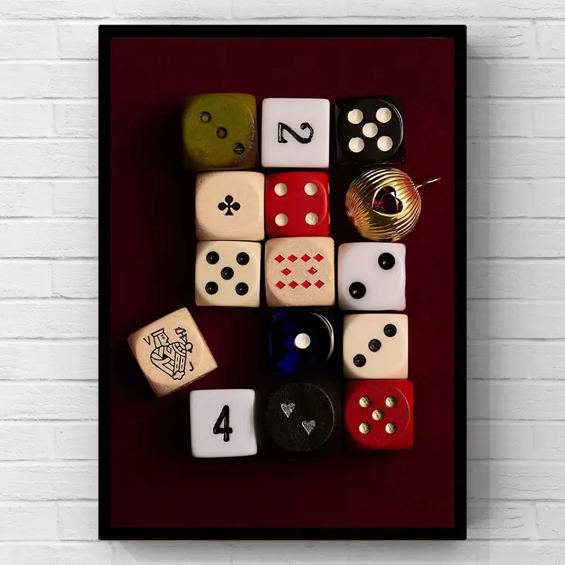 Vintage mixed dice poker items, burgundy red lucky gambling still life, minimalist artistic hanging artwork, 2D flat print canvas wall art poster, modern bedroom decor and home decor, perfect gift for a gambler’s bedroom, game bar home wall decor