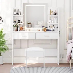 Vanity Desk with Lighted Mirror, Makeup Vanity Set with Power Outlet, Cushioned Stool, Vanity Table with 6 Storage Shelves, 2 Large Drawers and 3 Color Light Adjustable Brightness