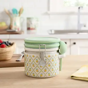 Floral Stoneware Medium Canister with Lid and Ceramic Spoon – Hand-Painted Design