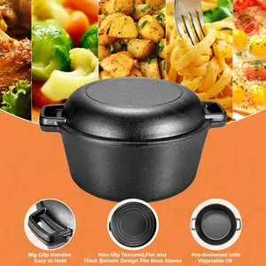 5.1-Quart Cast Iron Dutch Oven with Lid + 1.9-Quart Lid,Lid Doubles as Cast Iron Skillet with Silicone Handle Holders and Iron Stand,Versatile for Oven, Stove, BBQ, Grill, and Campfire Use, Ideal for Christmas