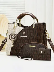 Elegant 3-Piece Women's Handbag Set, High-End Letter Print Fashion Bucket Bag, Multi-Color Multiple Pockets Large Capacity Shoulder Crossbody Bag