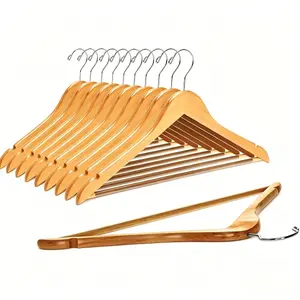 Wooden Hangers 10 Pack, Natural Wood Coat Hangers, Heavy Duty Clothes Hangers with 360° Swivel Chrome Hook, Non-Slip Shoulder Grooves & Notches for Suits, Shirts, Pants, Jackets, Closet Organizer