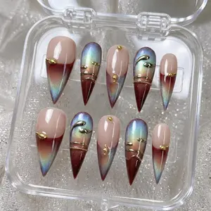 milo.nail&care Aurora Chrome Press-On Nails, Iridescent Burgundy Ombre French Tips, Gold Metallic Line Detail, Glossy Stiletto Glam Handmade Luxury Evening Nail Set