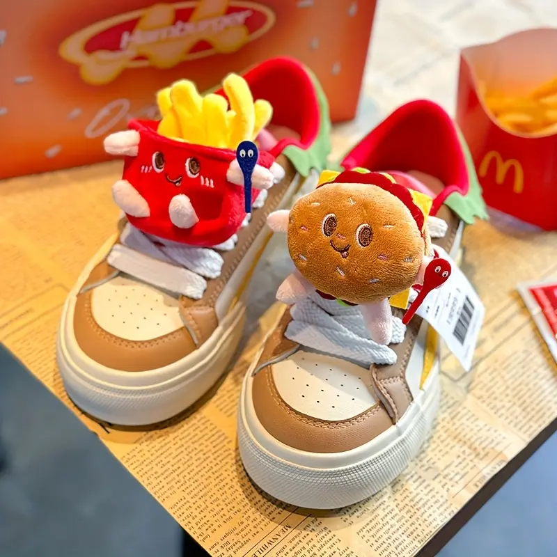 TUOPIN Cartoon Food Theme Plush Skate Shoes - Casual Sneakers for Skating, Thick Sole, Fabric Lining, All-Season Wear, Burger & Fries Whimsical Design, Trendy Trainers, Platform Sneakers, Rubber, Cute