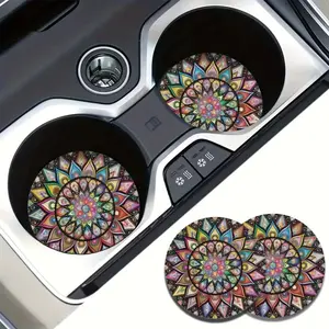 [Spill-Proof Coasters] 2pcs Absorbent Spill-Proof EVA Car Cup Holder Coasters, Mandala Flower Design, Non-Slip, Easy-Clean, for Vehicle, Desk, Office, Car Accessories