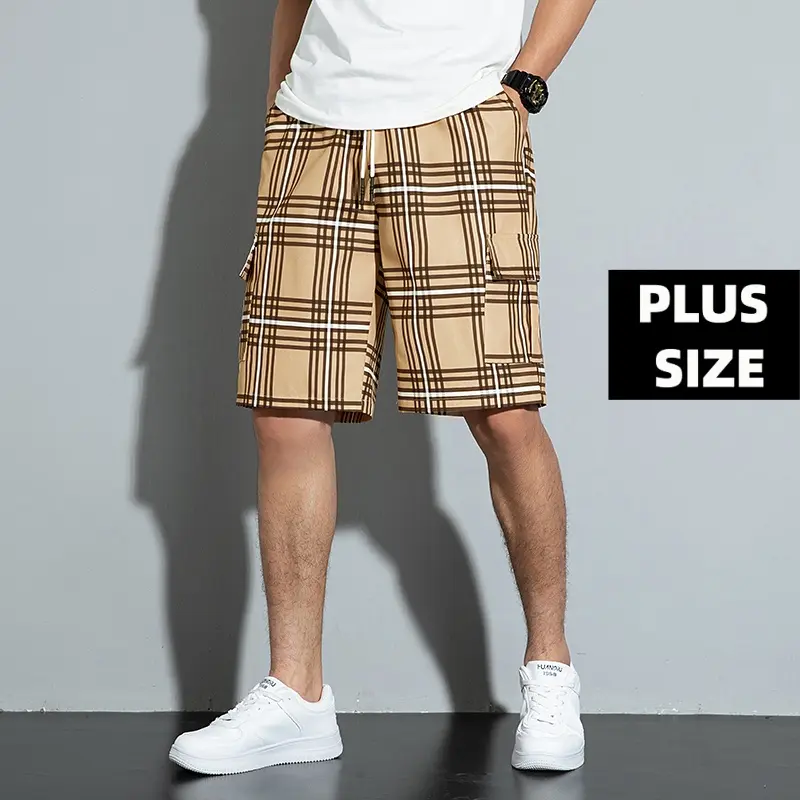 Men’s Plus Size/Tall Plaid Cargo Shorts – Wrinkle-resistant, quick-drying, elastic drawstring, dual cargo pockets, relaxed wide-leg fit