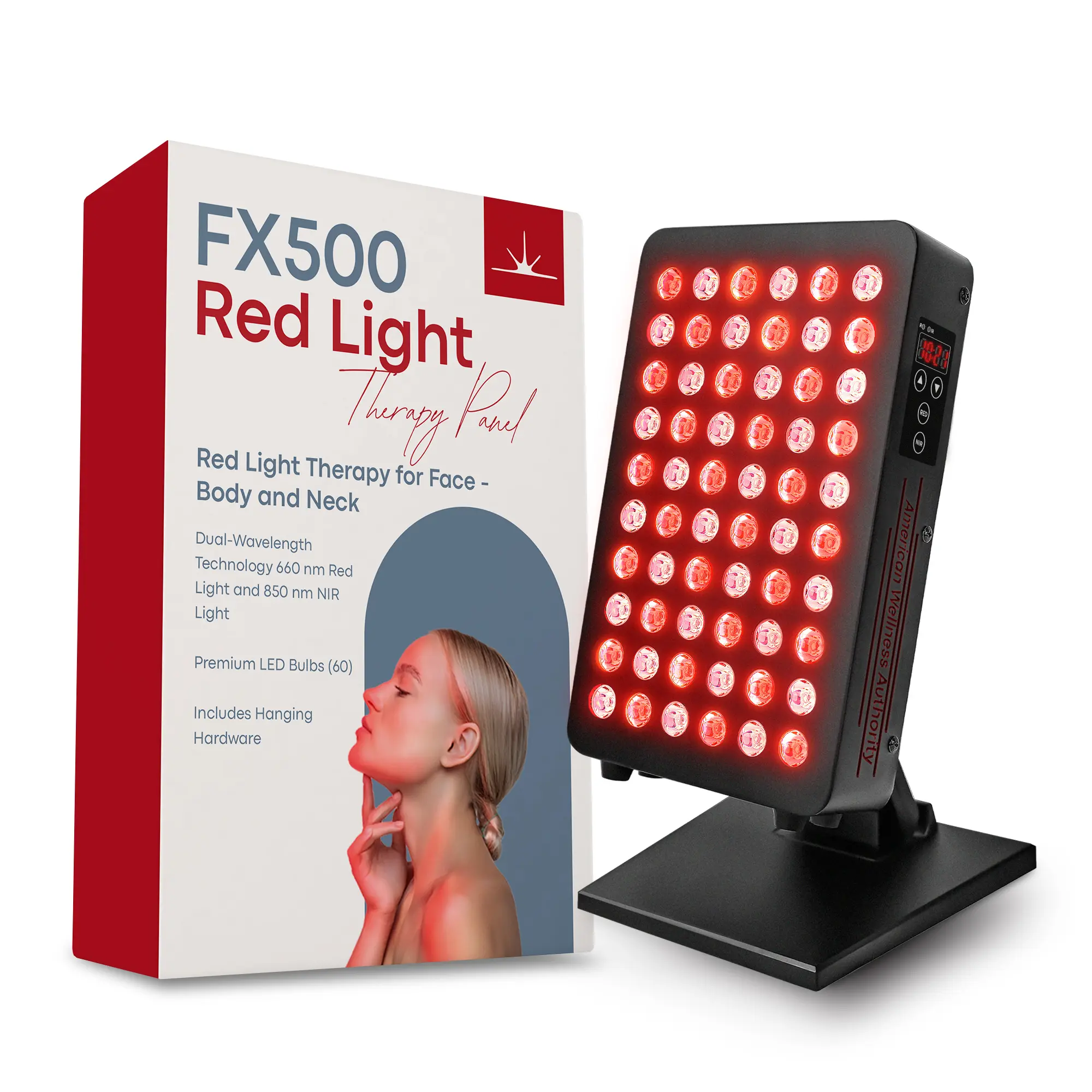 AWA FX500 Full-Body Red Light Therapy Panel — 660nm Red + 850nm Near-Infrared, 60× 5W LEDs, Foldable Stand Included, Whisper-Quiet, Remote & Timer, 2-Year Warranty, FSA/HSA Eligible