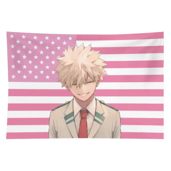 Anime My Hero Academia Bakugou Katsuki American Flag Decorative Tapestry - Light Peach Rustic Wall Decor with Letters, Strong Fabric for Dormitory Bedhead, Beach Use, Gift for Home Supplies Enthusiasts