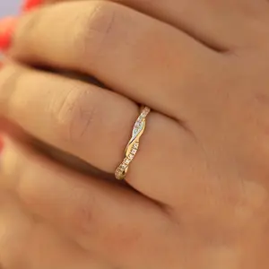 Women’s 14K Gold Plated Eternity Band - Twisted Rope Design with Cubic Zirconia