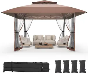 13x13 Pop Up Gazebo Outdoor Canopy Shelter with 4 Sandbags, Instant Patio Gazebo Sun Shade Canopy Tent, Double Tiers & Mesh Netting for Lawn, Garden, Backyard & Deck, Coffee