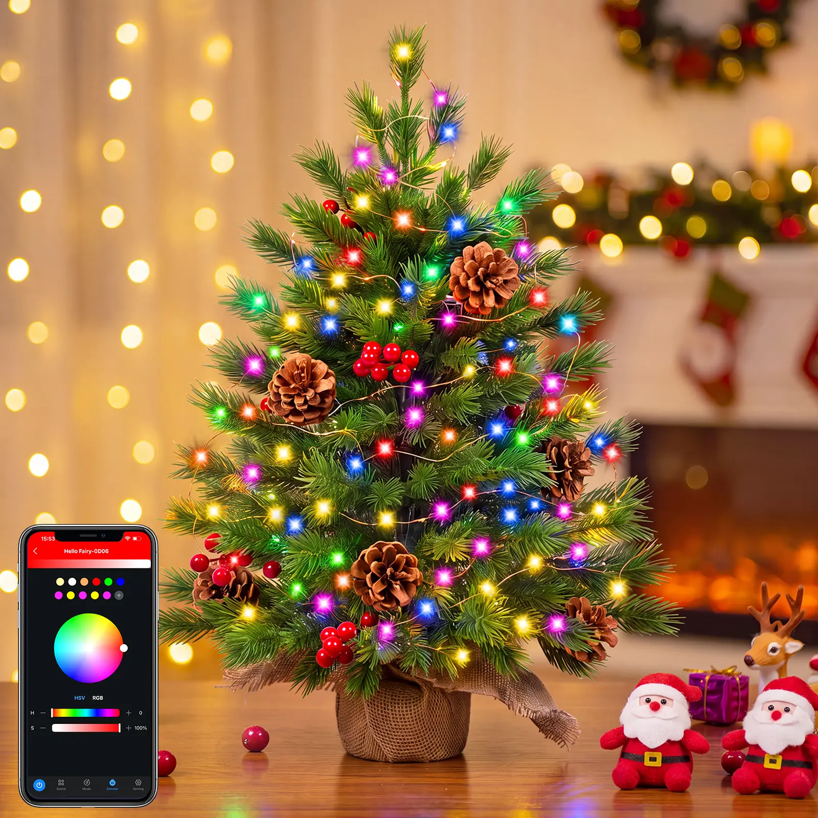 24 in Compact Pre-Lit Artificial Mini Christmas Tree - Smart Avatar Controls, 100 Colorful LEDs, 55 Branch Tips, Burlap Base, Tabletop Decor with DIY Light Mode, Music, Timer, 12 In