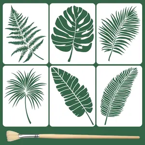 6PCS 16 x 12 Inch Large Palm Tropical Leaf Stencils with Brushes Plastic Drawing Templates for Painting on Walls Furniture Fabric