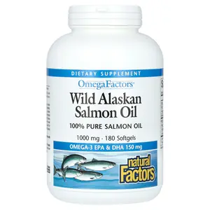 Natural Factors Omega Factors, Wild Alaskan Salmon Oil, 1,000 mg, 180 Softgels