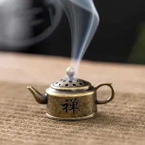 Vintage Zen Teapot Incense Burner - Small Brass-Finish Metal Incense Furnace, Unscented Stick Holder for Home Decor, Meditation (Single Pack)