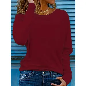 Women's Oversized Solid Color T-Shirt - Long Sleeve Crew Neck Casual Loose Fit Blouse, Burgundy Red & More Colors, Medium Stretch Non-See-Through Top for Spring/Fall Layering, Jeans & Dresses (Machine Washable)